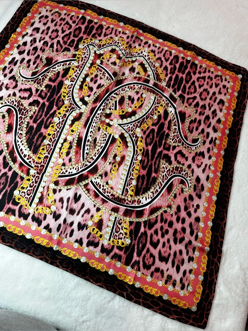 Roberto Cavalli Pink Leopard Print Silk Scarf with Gold Chain Motif